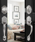 Double Door Lock Set With Handle And Dummy, Satin Nickel Finish, Single Cylinder Deadbolt And Exterior Key on black door