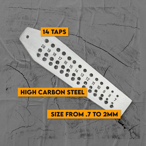 Close-up of a metric tap and die set high carbon steel with holes ranging from 0.7mm to 2.0mm for thread repair.