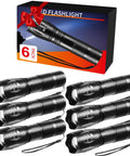 Beefy Six Pack LED Flashlights With High Lumens, 5 Mode Tactical Beam, compact design set against packaging box