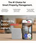 Real Time Noise And Security Monitor For Airbnb And Offices With Privacy Safe Decibel Meter, Around The Clock Alerts For Noise Thresholds, AI Occupancy And Party Detector, Radar Motion Sensor, Humidity And Intruder Alerts device beside smartphone in property management setup