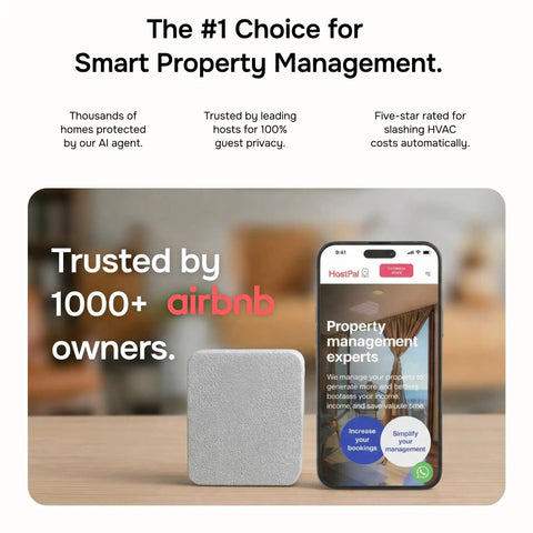 Real Time Noise And Security Monitor For Airbnb And Offices With Privacy Safe Decibel Meter, Around The Clock Alerts For Noise Thresholds, AI Occupancy And Party Detector, Radar Motion Sensor, Humidity And Intruder Alerts device beside smartphone in property management setup