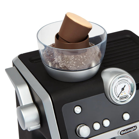 Casdon De'Longhi toy barista coffee machine; black with silver accents and a clear hopper on top