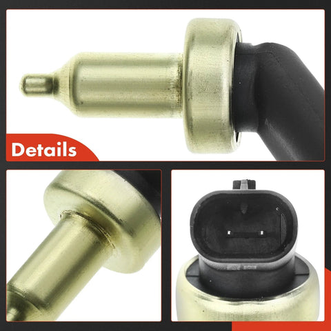 A-Premium coolant temperature sensor with brass metal body and black connector; front, side, and close-up views.