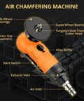 Mini Pneumatic Chamfer Tool Set With Twenty Blades, diagram showing features like guide wheel bearings and air inlet