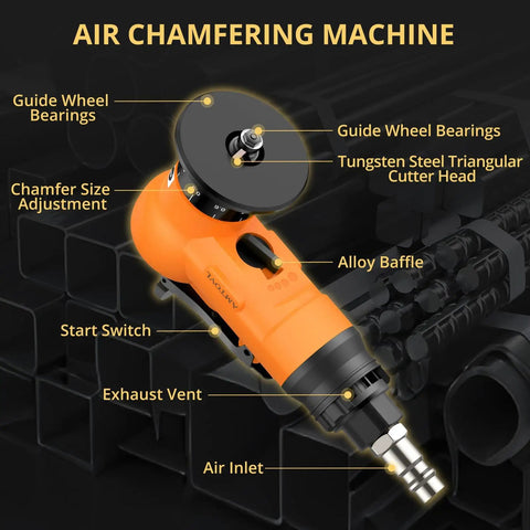 Mini Pneumatic Chamfer Tool Set With Twenty Blades, diagram showing features like guide wheel bearings and air inlet