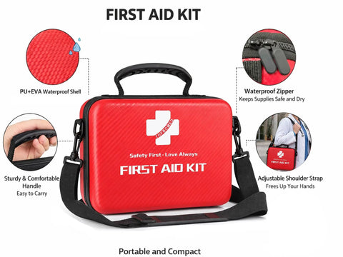 Hard Shell Waterproof First Aid Kit With 262 Pieces showing red case, waterproof zippers, handle, and shoulder strap