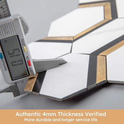 Caliper measuring thickness of Peel And Stick Hexagon Backsplash Tiles in White and Gold with Marble Veins, 4mm thickness verified