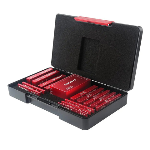 Setup Blocks Height Gauge Set 15 Pcs Aluminum Blocks in open case with laser engraved markings for routers and table saws.