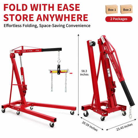 Bad Boy 2 Ton Hydraulic Engine Hoist And Cherry Picker 4400 Lbs Heavy Duty Steel Lift Crane for Trucks Autos, showing folding design and dimensions.
