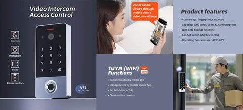 Smart Door Access Control System With Tuya App Remote Video Intercom Monitoring Built In Camera 600 Pound Magnetic Lock IP68 Metal Keypad Fingerprint Password And ID Card Unlock displayed in use.