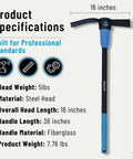 5 Lb Carbon Steel Head Mattock With 36 Inch Dual Injected Fiberglass Handle for heavy duty yard work and landscaping, specifications view