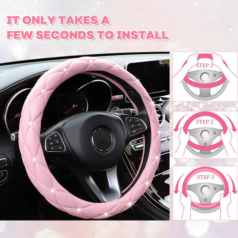 Cute As Heck Pink Steering Wheel Cover With Diamond Bling And Smooth Leather Grip installed on steering wheel, showing installation steps.