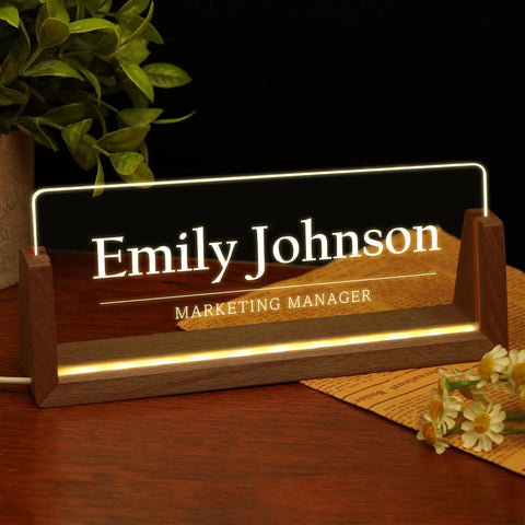 Personalized Acrylic Desk Name Plate With Light Up Base displaying 'Emily Johnson, Marketing Manager' with LED lighting.