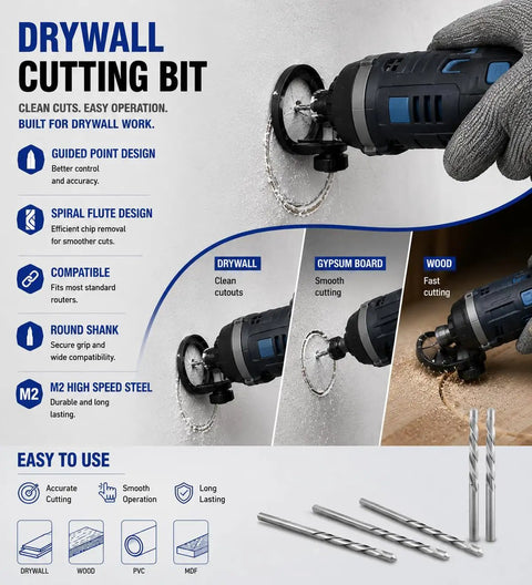 Professional HSS Drywall Cut Out Bit Quarter Inch Spiral Rotary Tool Cutter For Gypsum Sheetrock And Plywood 100 Piece Kit in use on drywall.