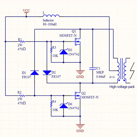 Jacob Ladder Heater And ZVS Coil Driver DIY STEM Electronics Kit DC 12 To 24V schematic diagram with MOSFETs, FR107 diodes, 4+4 coil