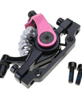 Heavy Duty Aluminum Alloy Disc Brake Kit For Electric And Mountain Bikes Featuring Dual Piston Hydraulic Calipers, close-up view with pink detail.