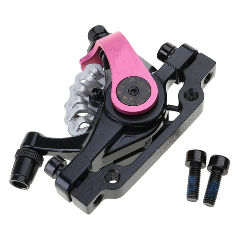 Heavy Duty Aluminum Alloy Disc Brake Kit For Electric And Mountain Bikes Featuring Dual Piston Hydraulic Calipers, close-up view with pink detail.