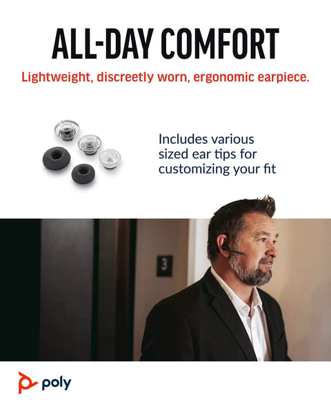 Single Ear Bluetooth Headset With Noise Canceling Microphone For Crisp Calls worn by a person, includes ear tip variations