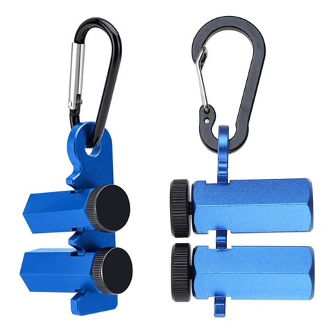 Built Rock Solid Aluminum Stair Gauges For Framing Square Non Slip Layout Stops With Carry Holder Heavy Duty Carpenter Marking Tools Dead On Accuracy Smooth Woodworking Setup Blue, showing two gauge tools with black thumbscrews.