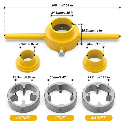 PVC Pipe Threader Kit With NPT Die Set Includes One Half Inch, Three Quarter Inch, And One Inch Dies For Plumbing, diagram of parts