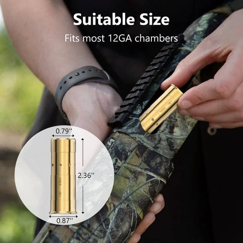 12 Gauge Bore Sight Red Dot For Fast Gun Zeroing In The Chamber, Class IIIA Less Than 5mW, Brass Construction, Caliber Specific Fit For 12 Gauge, Includes Three AG13 Batteries For About Eight Hours Of Power