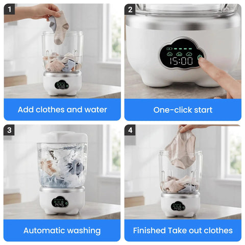 Slick Foldable Mini Washing Machine With 1.6 Liter Capacity And Rechargeable Power For Weekend Adventures, showing features like adding clothes.