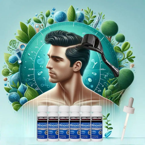 6 Pack Minoxidil For Guys Hair Growth Treatment With Extra Strength Five Percent Liquid Solution Six Month Supply Includes Dropper Applicator And Microneedle Roller For Easy Daily Scalp Application, bottles, dropper, roller