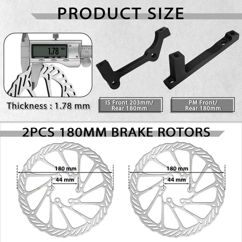 Bucklos e-bike hydraulic disc brake set with 180mm rotors, 2-piston aluminum lever, 1100mm hose, 1800mm rear hose.