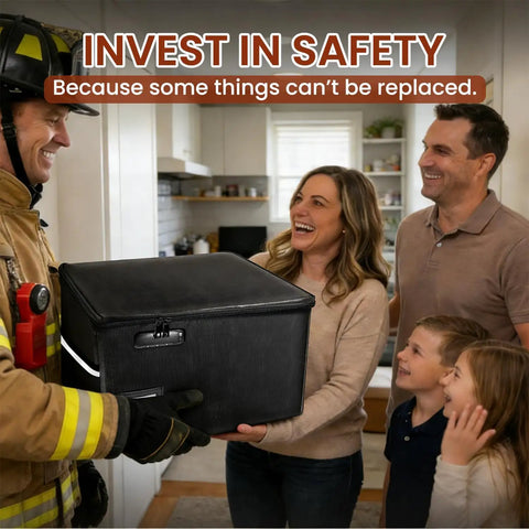 Family receives Ultra Durable 6400 Degrees Fahrenheit Fireproof Document Safe Box from firefighter in living room.