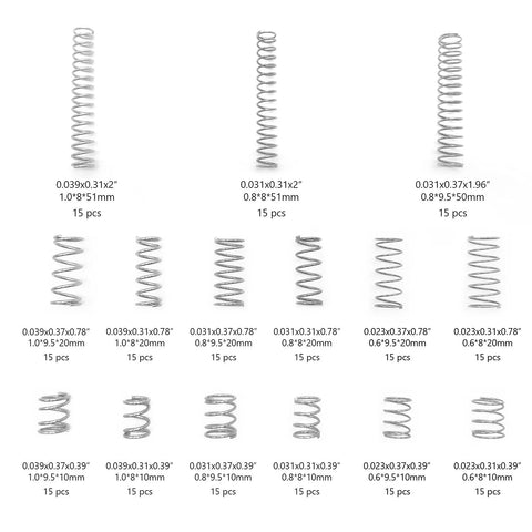 225-piece small compression spring assortment (15 sizes; 0.6–1.0 mm wire; 8–9.5 mm OD; 10–50 mm length) for repair