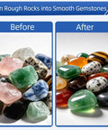 Before and after polishing with Eight Pound Ceramic Tumbling Media Cylinders, showing smooth, shiny gemstones next to rough stones.