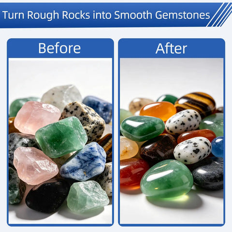 Before and after polishing with Eight Pound Ceramic Tumbling Media Cylinders, showing smooth, shiny gemstones next to rough stones.