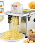 Front view of a stainless steel 4-in-1 commercial vegetable processor with a 200W motor, outputting pasta onto a plate.