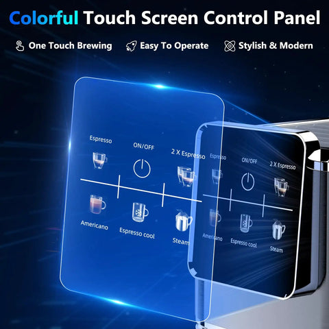 Colorful touch screen control panel of Top Shelf Touchscreen Espresso Machine For Home, Zero Sweat Cold Brew Coffee Maker.
