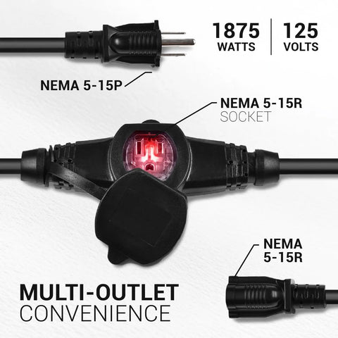 Super Versatile Heavy Duty 25 Ft Extension Cord Featuring 6 Multiple Outlets 16 Gauge 15 Amp 3 Prong Outdoor Indoor Power Cable Ideal For Christmas Lights Yard Decorations Camping Workshops And More In Black showing plug and socket details