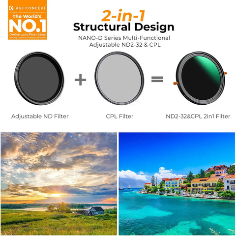 67mm Variable ND And CPL Two In One Filter For Camera Lenses Waterproof Nano D Series shown with landscape effect images