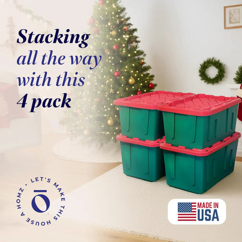 Stackable Plastic Storage Bins With Secure Lids, 27 Gallon Heavy Duty Snap Lock Totes, Sturdy Containers For Holiday Cheer And Seasonal Hoards, Red And Green Set Includes Four Totes, Built To Handle Any Task Like A Champ And Keep Your Space Looking Crisp
