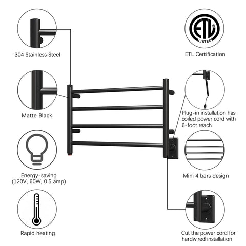 4 Bar Towel Warmer And Dryer Wall Mounted Plug In Bath Towel Heater Matte Black Energy Efficient 60W with ETL Certification