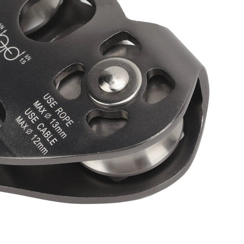 Close-up of Backyard Zipline Pulley System With Rotating Double Trolley Lightweight Forged Aluminum Alloy Smooth Stainless Steel Wheel