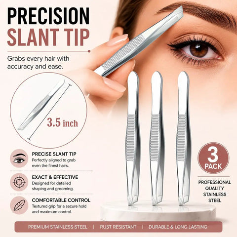 Precision Slant Tip Tweezers Set 3 Pack Stainless Steel Eyebrow Tweezers For Facial Hair Ingrown Hair And Fine Hair Removal Professional Beauty Grooming Tool With Easy Grip, 3.5 inch