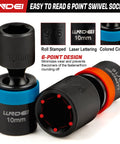 Close-up of 32-Piece Workhorse 1/4 Inch Drive Swivel Socket Set with 6 Point CR-MO Wobble Sockets and colored rings.