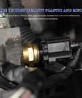 Zero Hassle Engine Coolant Temperature Sensor And Oil Temp Sender Replacement showing gold fitting and black connector in engine bay.