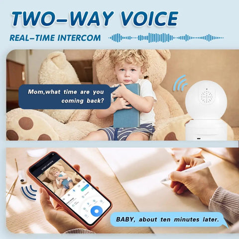 Child sitting with teddy bear next to 2K HD Pan Tilt Indoor Wireless Pet Camera For Baby Monitor And Nanny Cam With Dope 5G And 2.4G WiFi Night Vision Siren Alexa Compatible Includes 64G SD Card For Home Security and smartphone displaying camera feed.