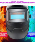 Front view of Solar Powered Auto Darkening Welding Helmet With LCD Lens, showing thermal insulation and heat resistance features.