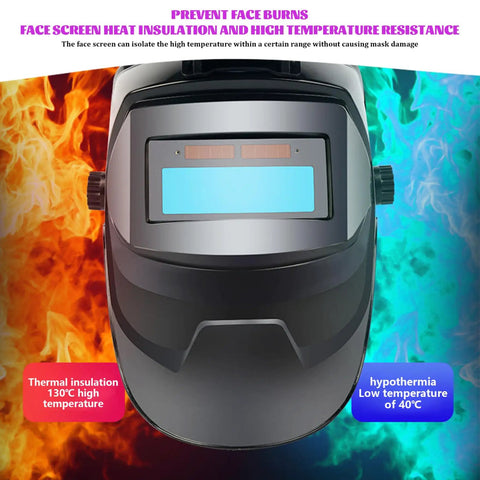 Front view of Solar Powered Auto Darkening Welding Helmet With LCD Lens, showing thermal insulation and heat resistance features.