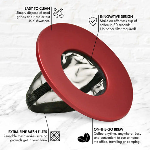 Portable Pour Over Coffee Maker With Reusable Fine Mesh Filter For A Single Cup Dishwasher Safe Travel And Camping Friendly Brew Tool For Coffee Or Tea At Any Strength 404.88 Milliliters Red, image of red coffee maker with mesh filter on white background.