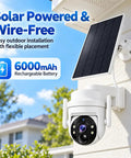 Hassle Free Wireless Solar Security Camera For Yard And Driveway With Smooth 3Mp Hd Clarity And Bright Full Color Night Vision mounted with a solar panel.