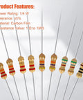 Massive 1000-Piece Resistor Kit With 25 Values From 1 Ohm To 1 Megohm, quarter-watt carbon film resistors displayed