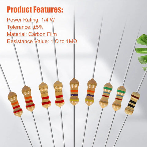 Massive 1000-Piece Resistor Kit With 25 Values From 1 Ohm To 1 Megohm, quarter-watt carbon film resistors displayed