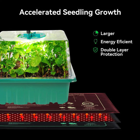 All In One Seedling Starter Kit With Grow Lights And Heat Mat showing green seedlings under a humidity dome with energy-efficient features.